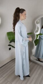 Elegant Lace Trim Abaya MC-C17P2 – Premium Modest Wear in Soft Blue - Image 2