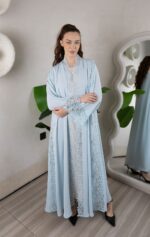 Elegant Lace Trim Abaya MC-C17P2 – Premium Modest Wear in Soft Blue - Image 3