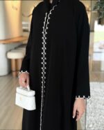 Classic Black Open-Front Abaya with White Embroidery - Image 3