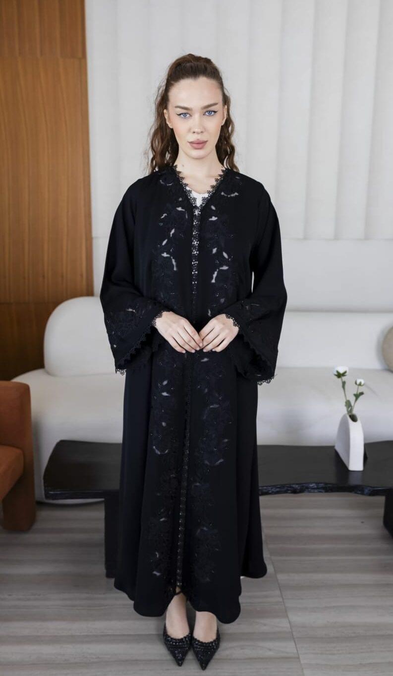 MC-B2L2 Black Abaya Elegant Lace Modest Wear Moon - Image 1