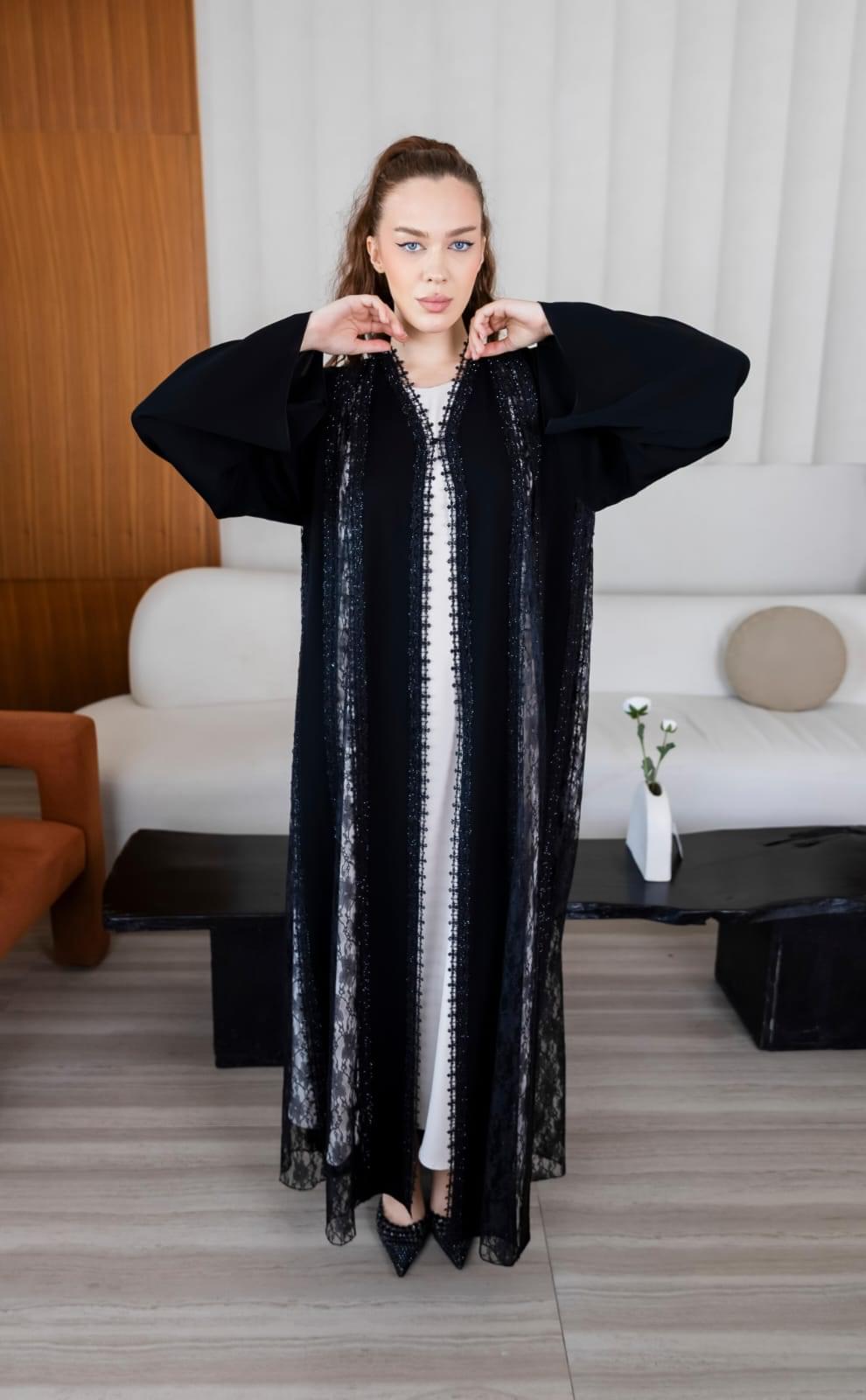MC-B2L3 Open Abaya – Elegant Lace Modest Wear Moon Co - Image 1