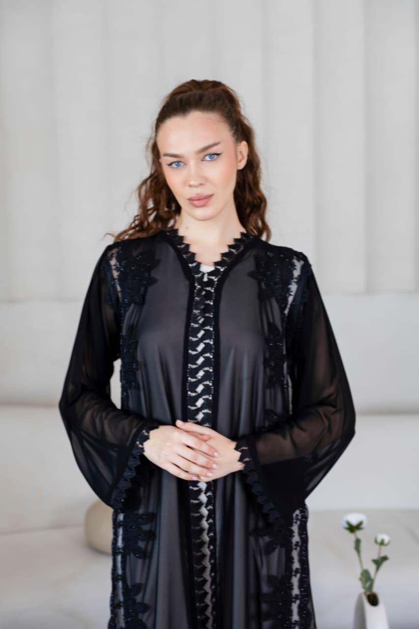 MC-B2L7 Black Abaya – Elegant Lace Modest Wear Moon - Image 1