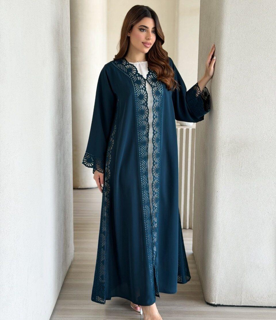 Sapphire Blue Laser Abaya – Luxury Open Front Nada Fabric Abaya - Image 1