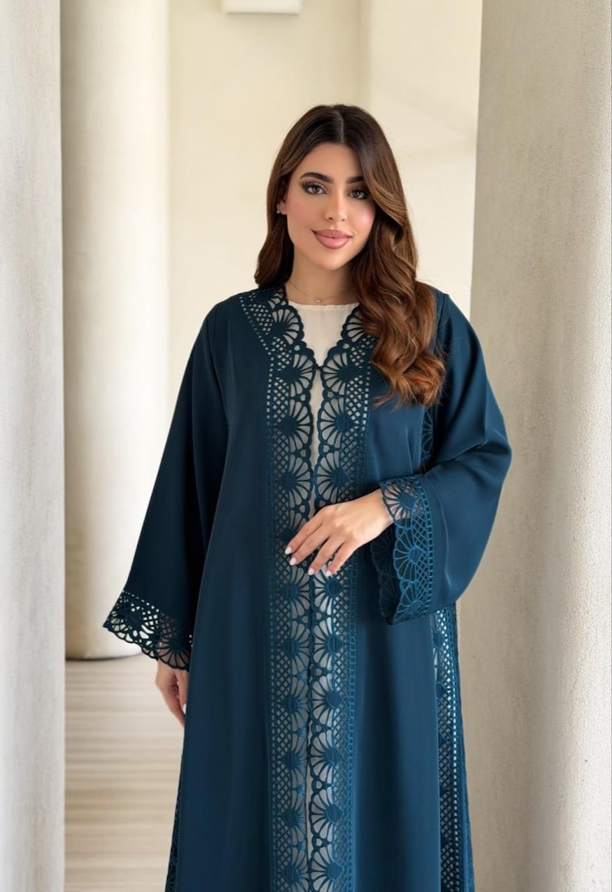 Navy Blue Lace Open Abaya  Elegant Modest Wear for Women - Image 1
