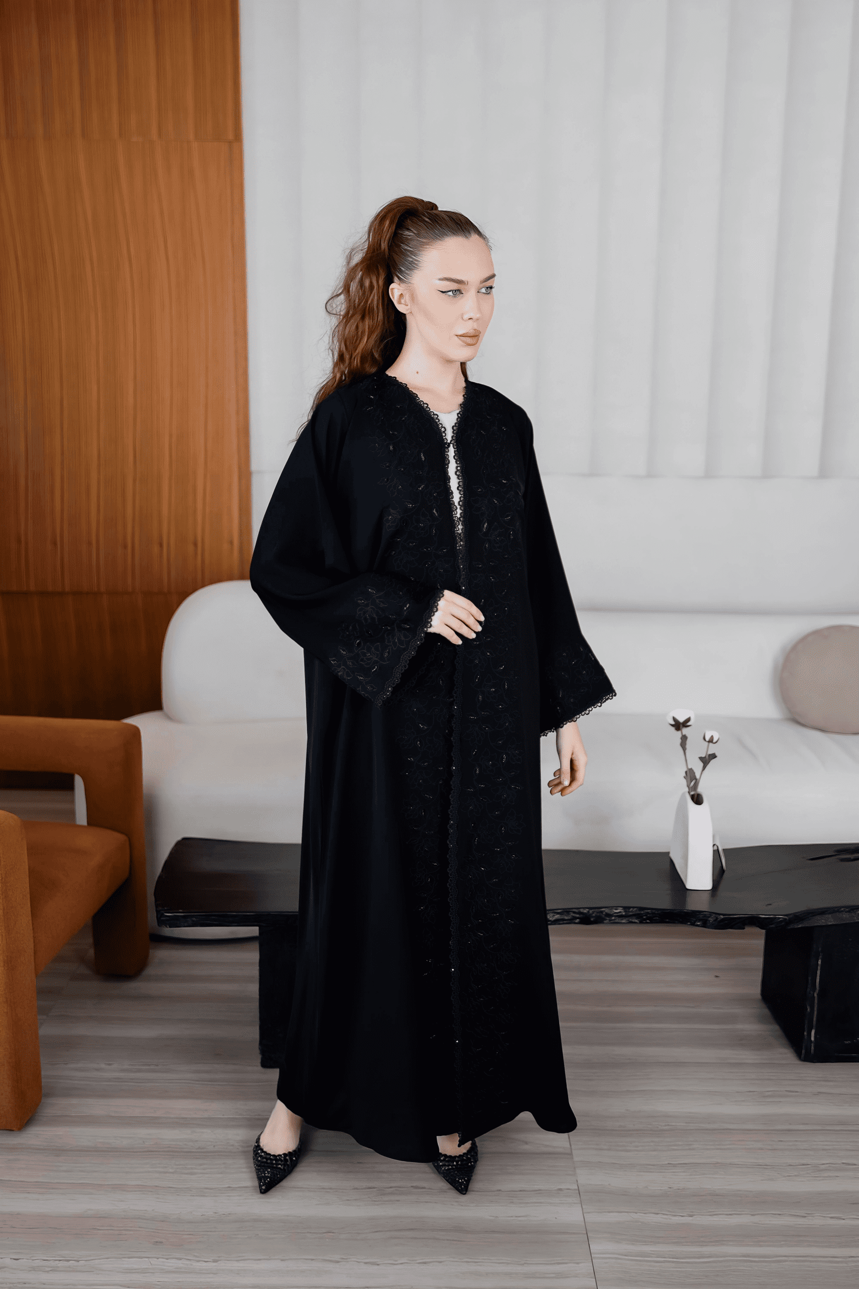 Mc-(S-22) Floral Lace Hem Open Front Abaya - Image 3